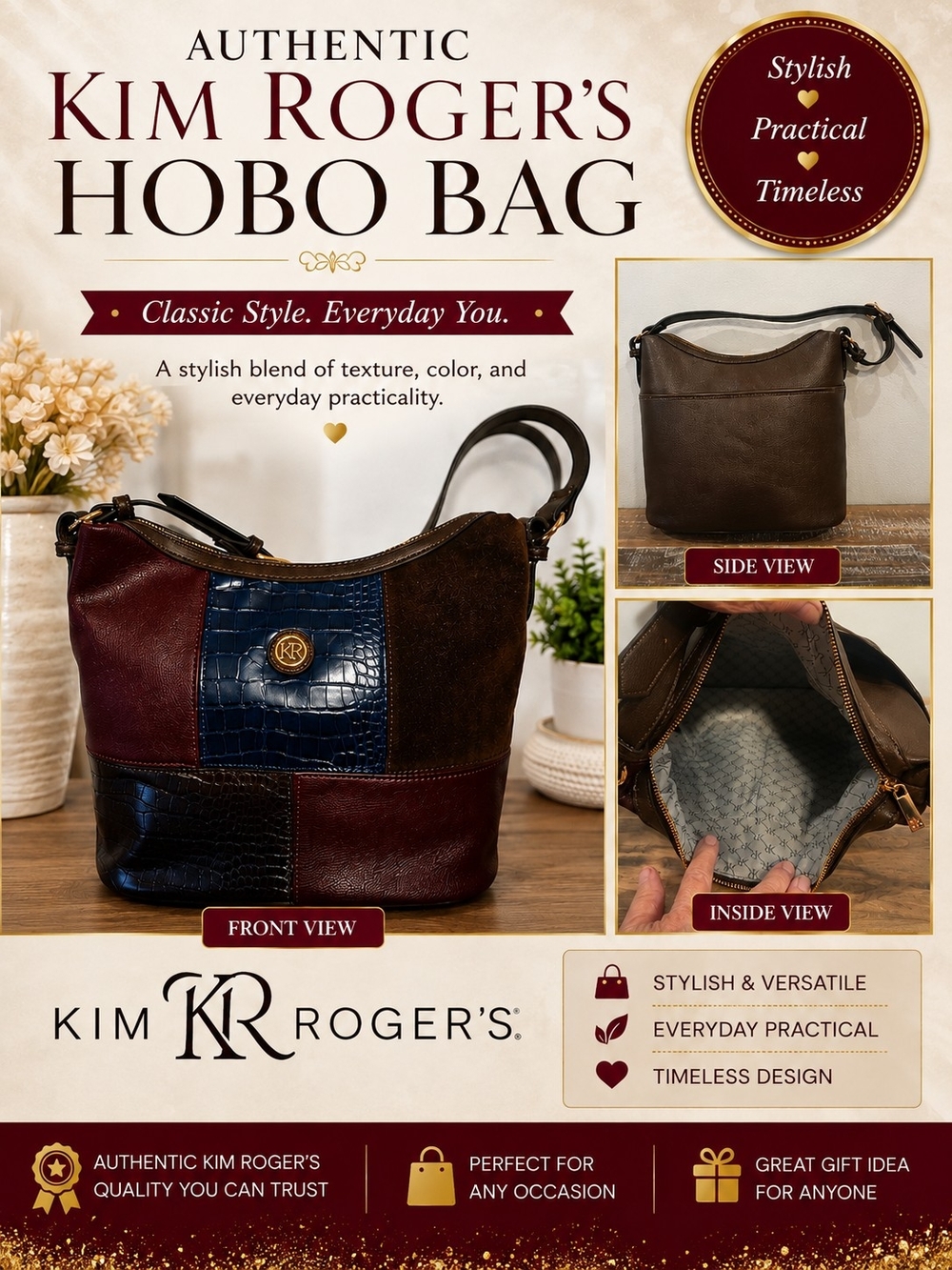 Kim Rogers Patchwork Hobo Bag in Brown, Burgundy & Navy